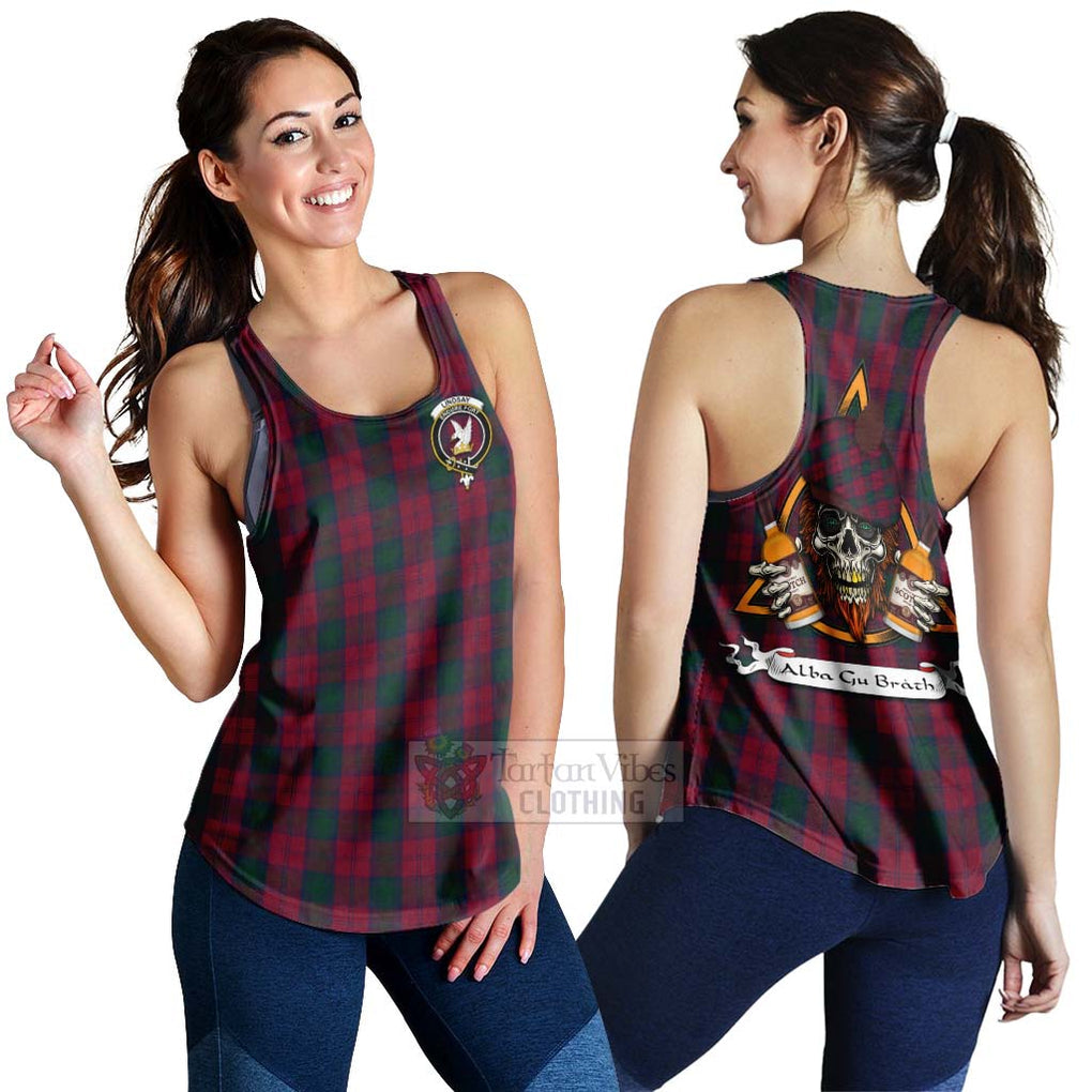 Tartan Vibes Clothing Lindsay Tartan Women's Racerback Tanks with Family Crest and Bearded Skull Holding Bottles of Whiskey