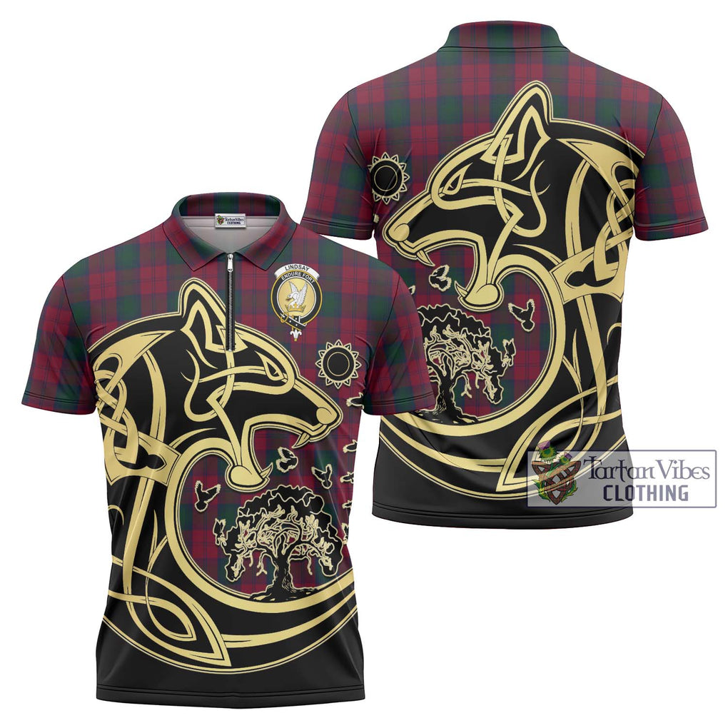 Lindsay Tartan Zipper Polo Shirt with Family Crest Celtic Wolf Style Unisex - Tartan Vibes Clothing
