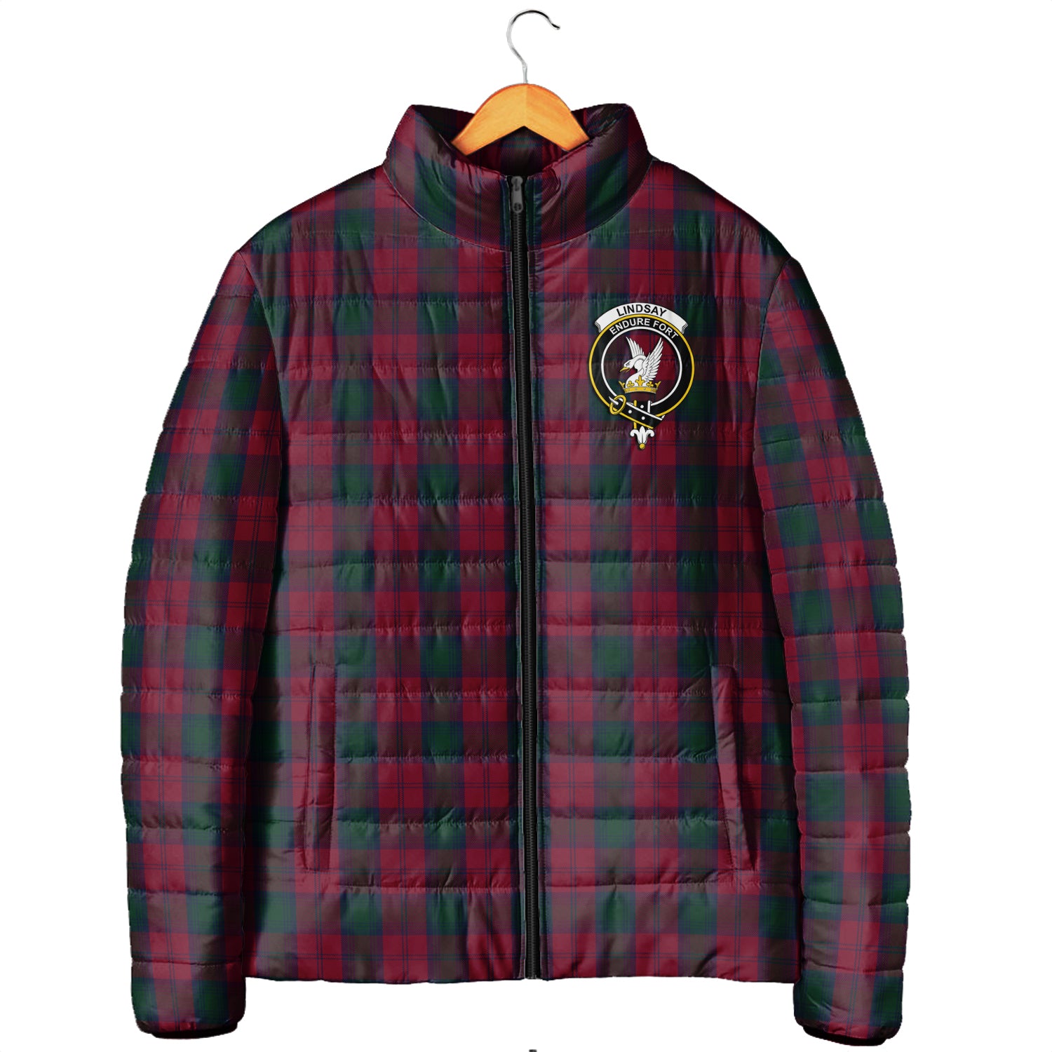 Lindsay Tartan Padded Jacket with Family Crest - Tartanvibesclothing