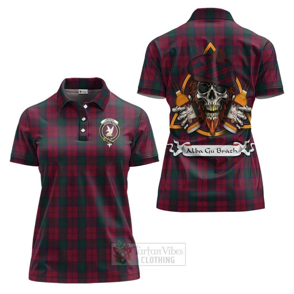 Tartan Vibes Clothing Lindsay Tartan Women's Polo Shirt with Family Crest and Bearded Skull Holding Bottles of Whiskey