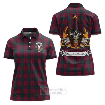 Lindsay Tartan Women's Polo Shirt with Family Crest and Bearded Skull Holding Bottles of Whiskey