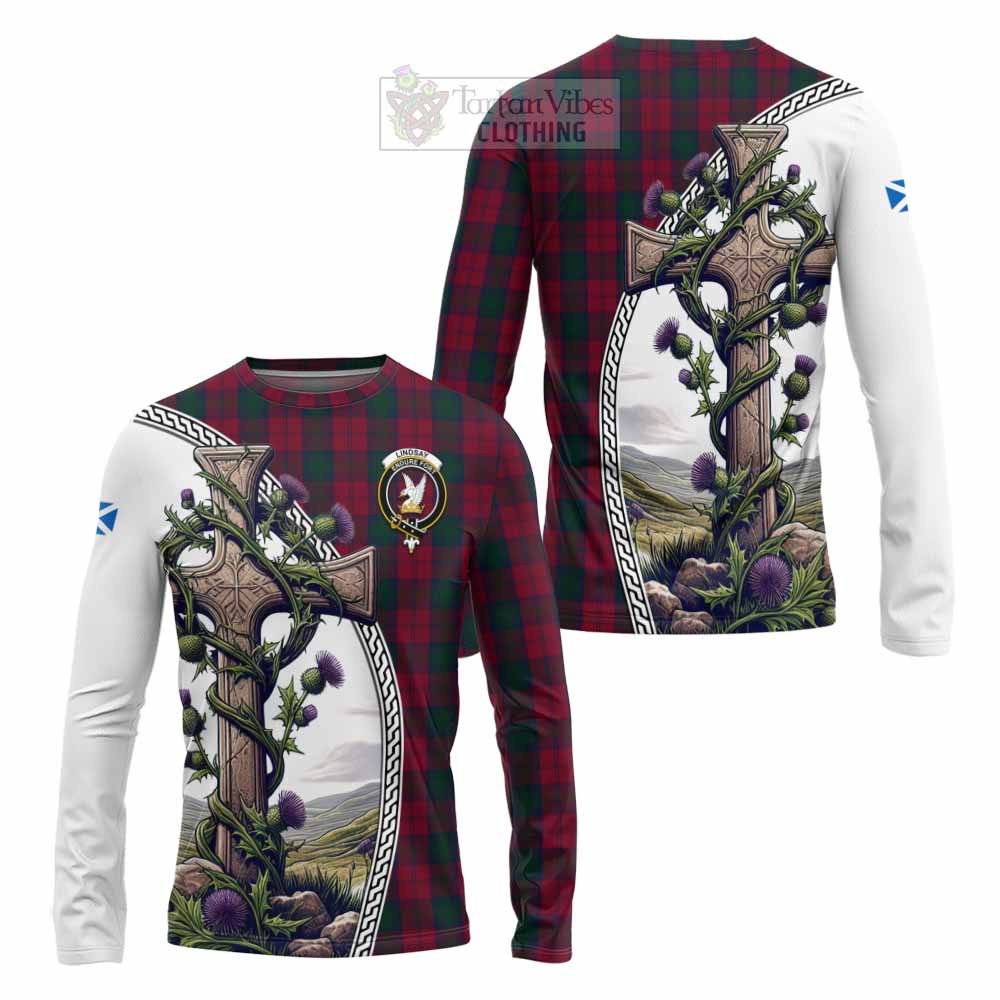 Tartan Vibes Clothing Lindsay Tartan Long Sleeve T-Shirt with Family Crest and St. Andrew's Cross Accented by Thistle Vines