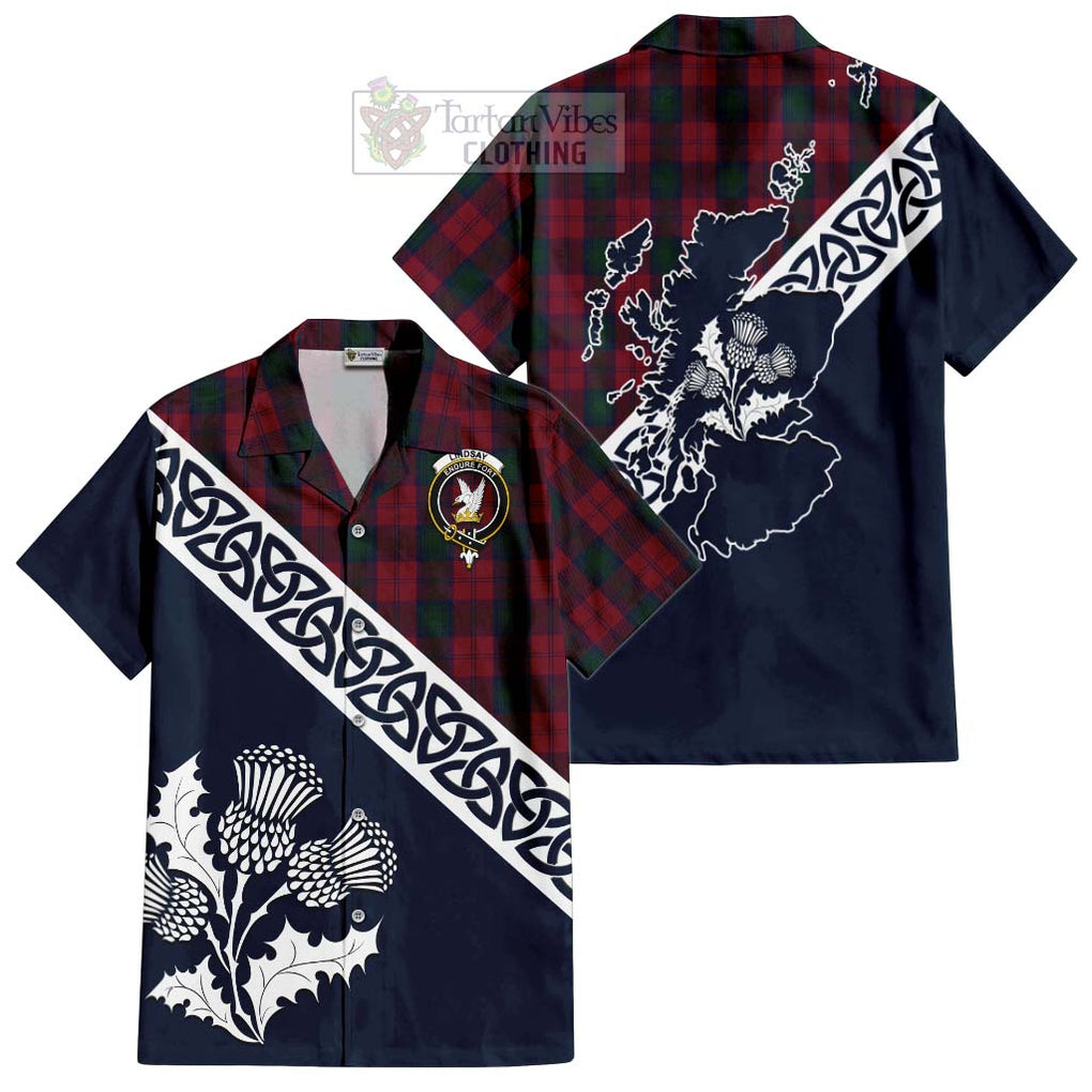 Tartan Vibes Clothing Lindsay Tartan Short Sleeve Button Shirt Featuring Thistle and Scotland Map