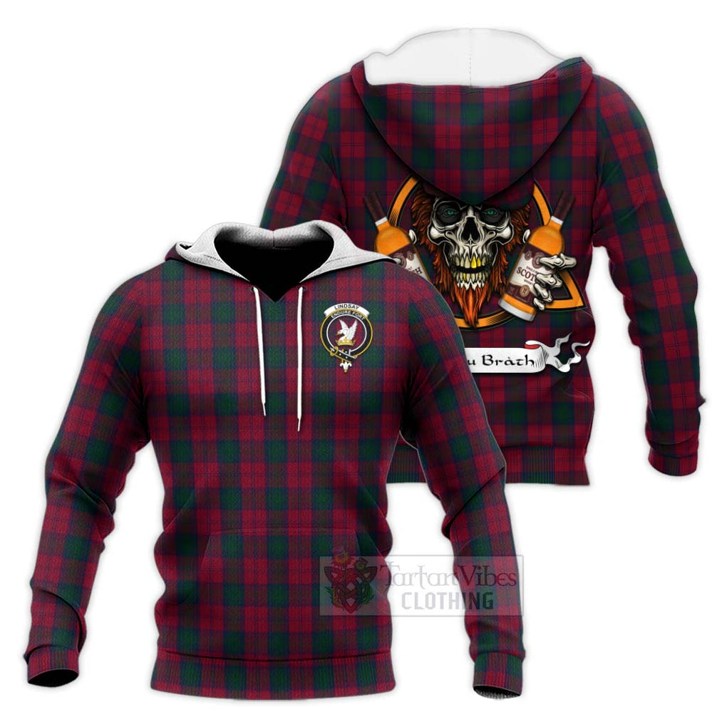 Tartan Vibes Clothing Lindsay Tartan Knitted Hoodie with Family Crest and Bearded Skull Holding Bottles of Whiskey