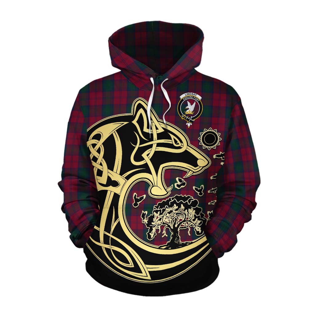 Tartan Vibes Clothing Lindsay Tartan Cotton Hoodie with Family Crest Celtic Wolf Style