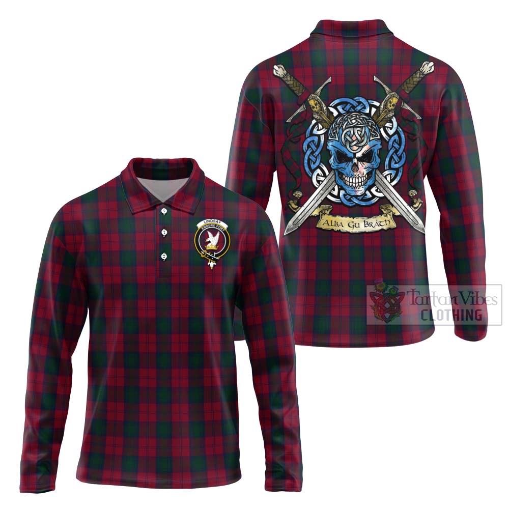 Tartan Vibes Clothing Lindsay Tartan Long Sleeve Polo Shirt with Family Crest Celtic Skull Style