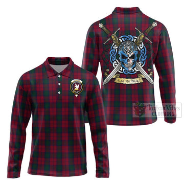 Lindsay Tartan Long Sleeve Polo Shirt with Family Crest Celtic Skull Style