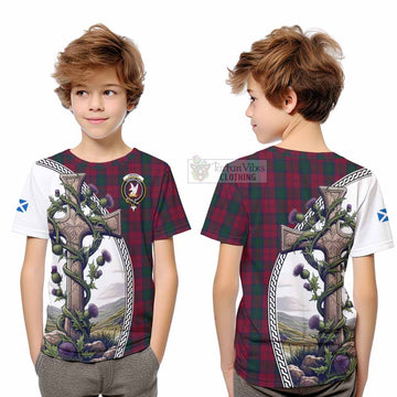 Lindsay Tartan Kid T-Shirt with Family Crest and St. Andrew's Cross Accented by Thistle Vines