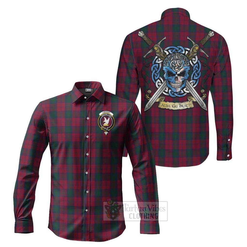 Tartan Vibes Clothing Lindsay Tartan Long Sleeve Button Shirt with Family Crest Celtic Skull Style