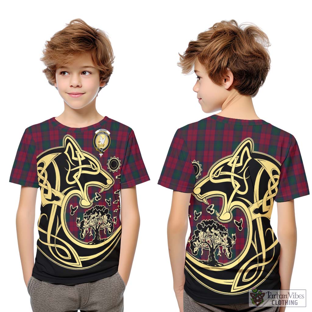 Tartan Vibes Clothing Lindsay Tartan Kid T-Shirt with Family Crest Celtic Wolf Style