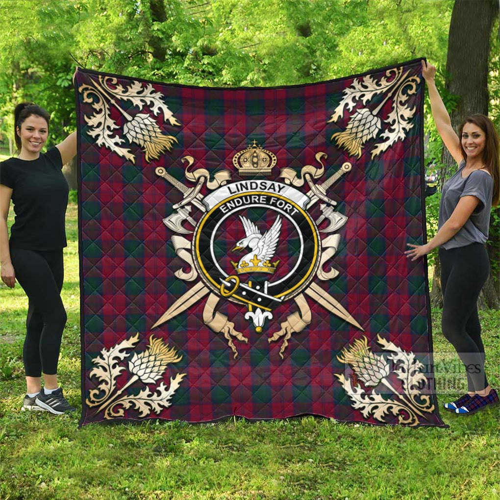 Tartan Vibes Clothing Lindsay Tartan Quilt with Family Crest and Scottish Golden Courage Shield