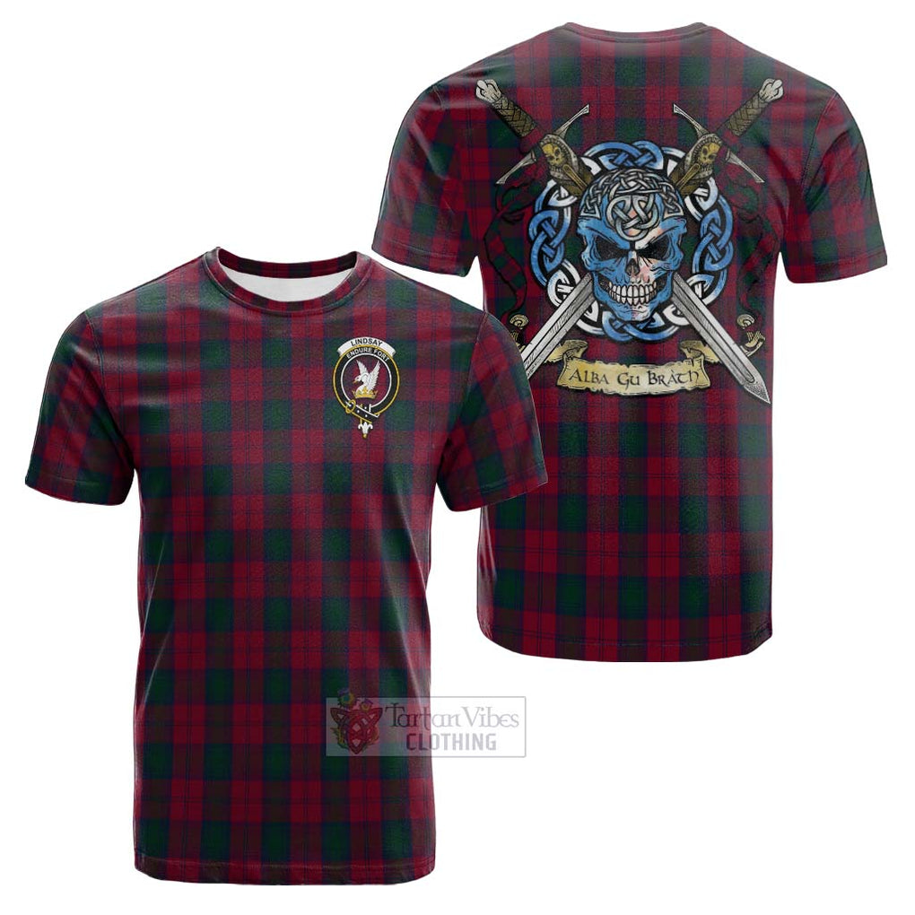 Tartan Vibes Clothing Lindsay Tartan Cotton T-shirt with Family Crest Celtic Skull Style