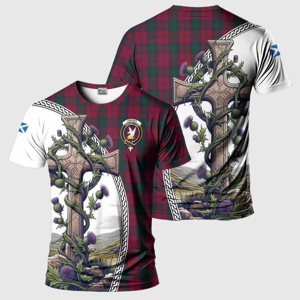 Tartan Vibes Clothing Lindsay Agnew Tartan T-Shirt with Family Crest and St. Andrew's Cross Accented by Thistle Vines