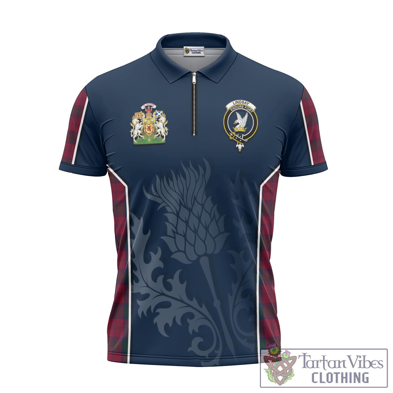 Tartan Vibes Clothing Lindsay Tartan Zipper Polo Shirt with Family Crest and Scottish Thistle Vibes Sport Style