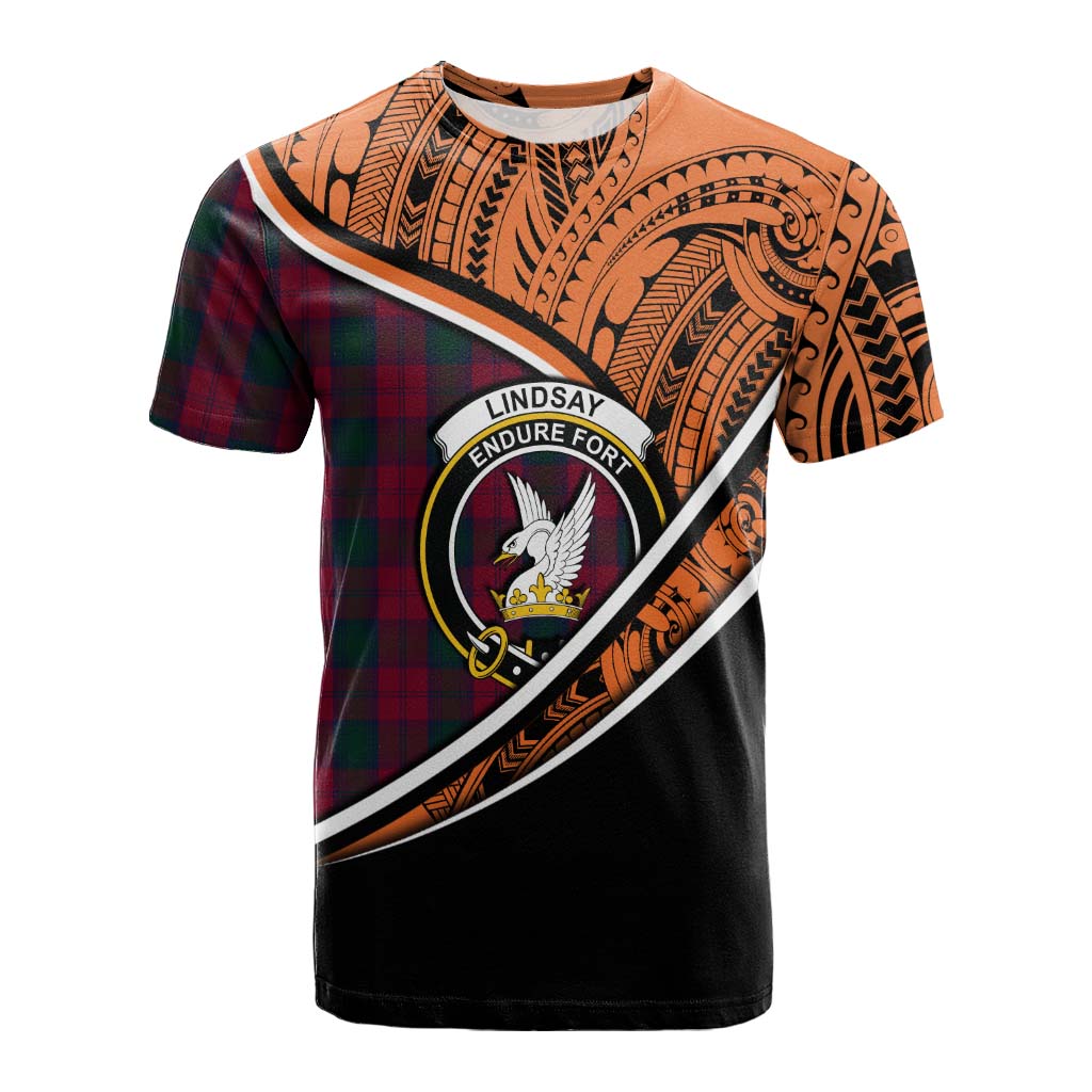 Tartan Vibes Clothing Lindsay Crest Tartan Cotton T-shirt with Maori Tattoo Style - Orange Version