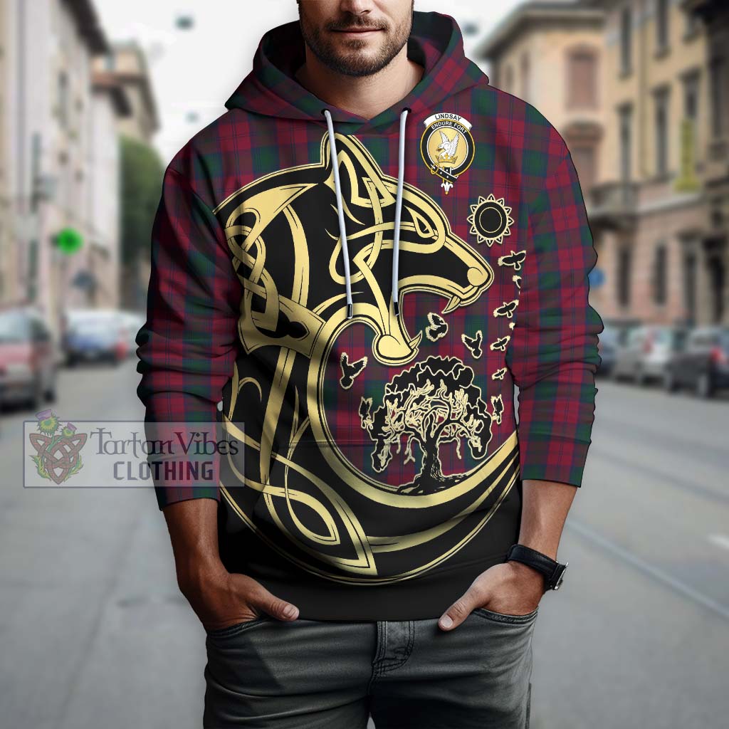 Tartan Vibes Clothing Lindsay Tartan Hoodie with Family Crest Celtic Wolf Style