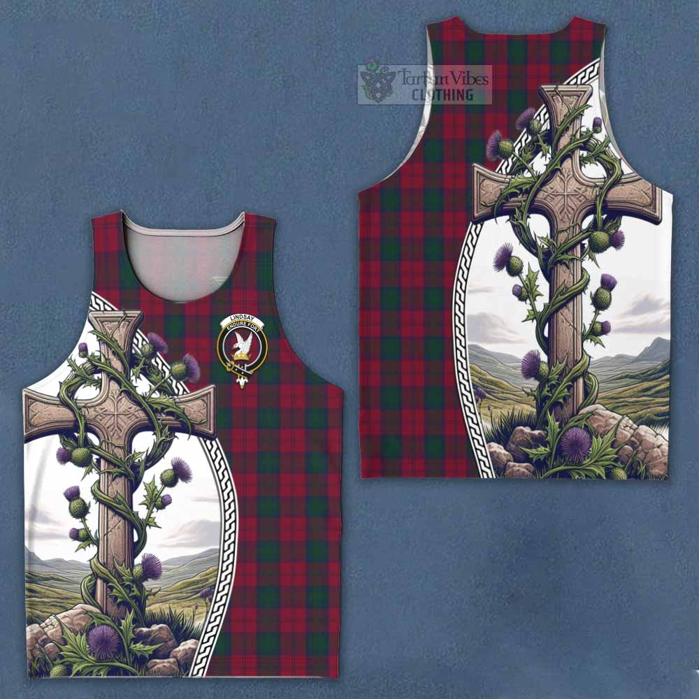 Tartan Vibes Clothing Lindsay Tartan Men's Tank Top with Family Crest and St. Andrew's Cross Accented by Thistle Vines