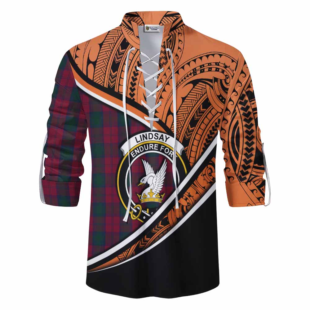 Tartan Vibes Clothing Lindsay Crest Tartan Ghillie Kilt Shirt with Maori Tattoo Style - Orange Version