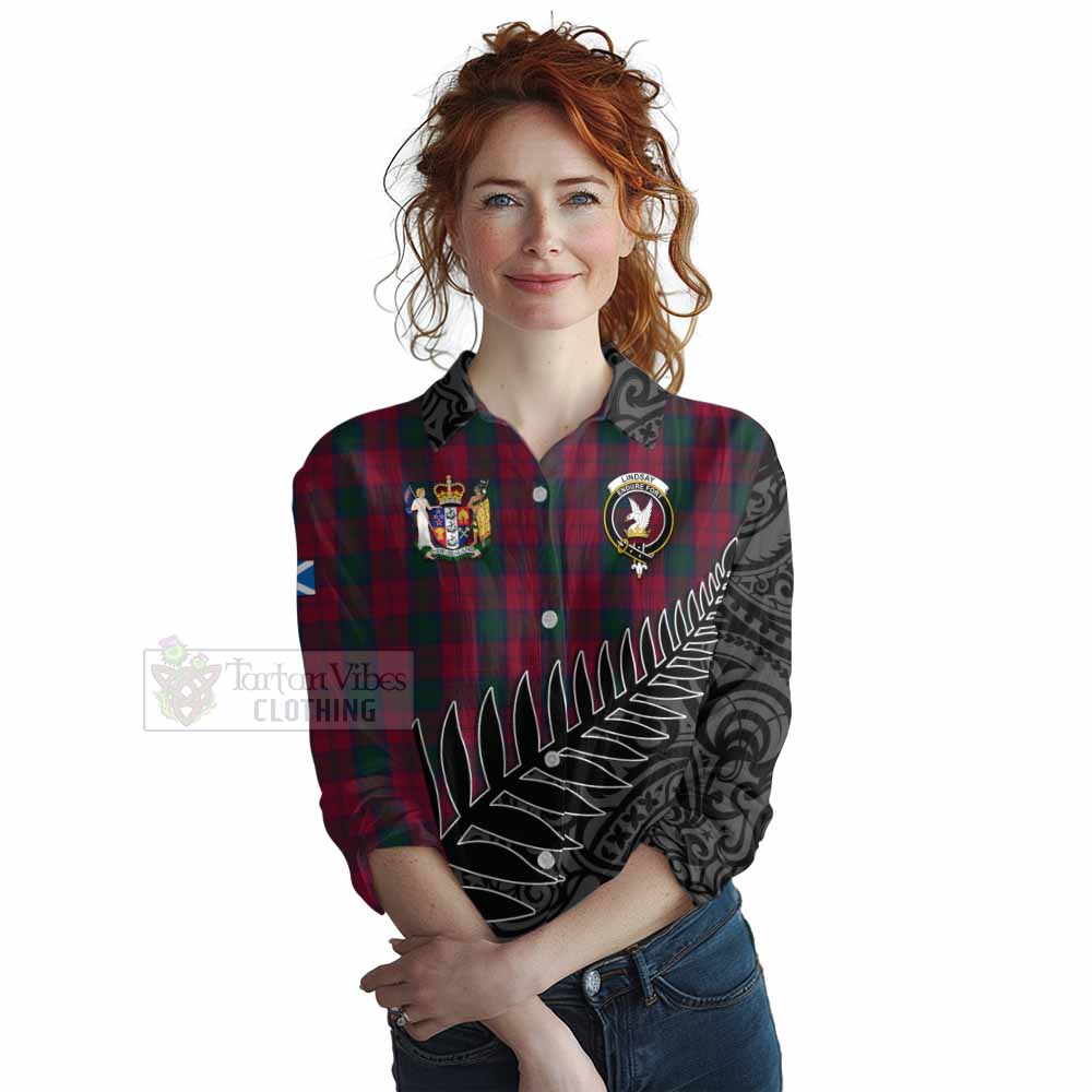 Tartan Vibes Clothing Lindsay Crest Tartan Women's Casual Shirt with New Zealand Silver Fern Half Style