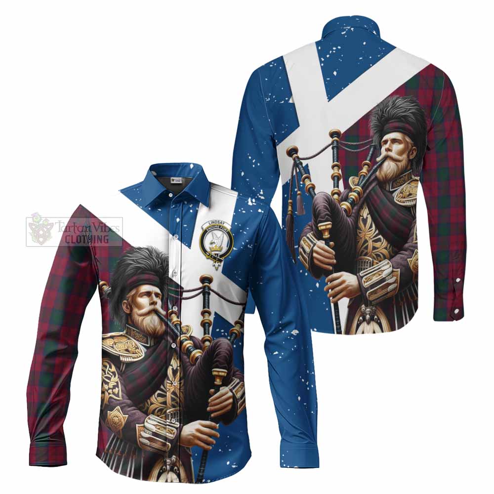 Tartan Vibes Clothing Lindsay Tartan Long Sleeve Button Shirt with Family Crest Scottish Bagpiper Vibes