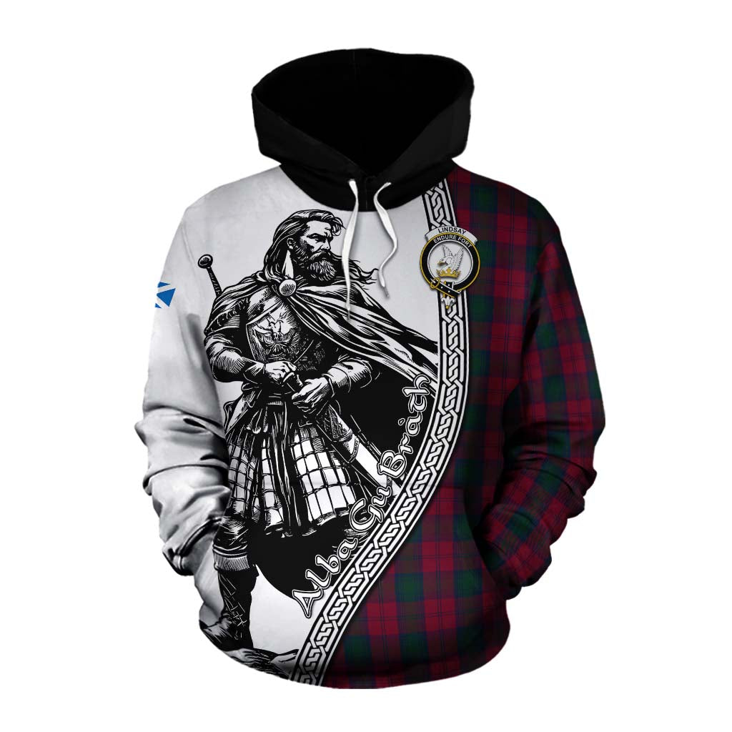 Tartan Vibes Clothing Lindsay Tartan Clan Crest Cotton Hoodie with Highlander Warrior Celtic Style