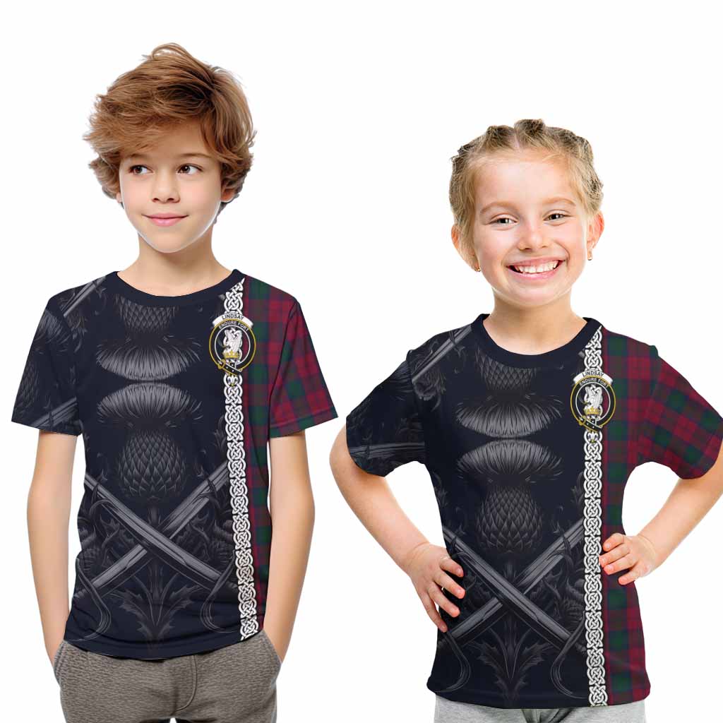 Lindsay Tartan Kid T-Shirt with Family Crest Cross Sword Thistle Celtic Vibes Youth XL Size14 - Tartan Vibes Clothing