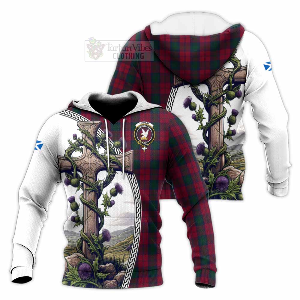 Tartan Vibes Clothing Lindsay Tartan Knitted Hoodie with Family Crest and St. Andrew's Cross Accented by Thistle Vines