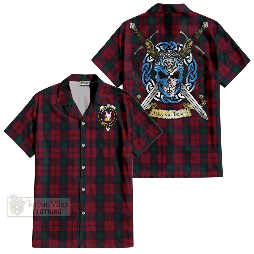 Tartan Vibes Clothing Lindsay Tartan Short Sleeve Button Shirt with Family Crest Celtic Skull Style