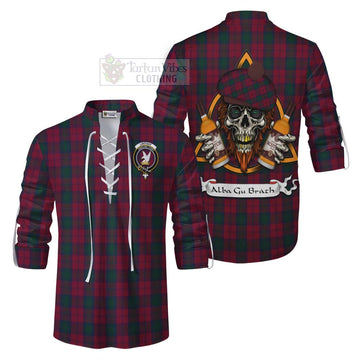 Lindsay Tartan Ghillie Kilt Shirt with Family Crest and Bearded Skull Holding Bottles of Whiskey