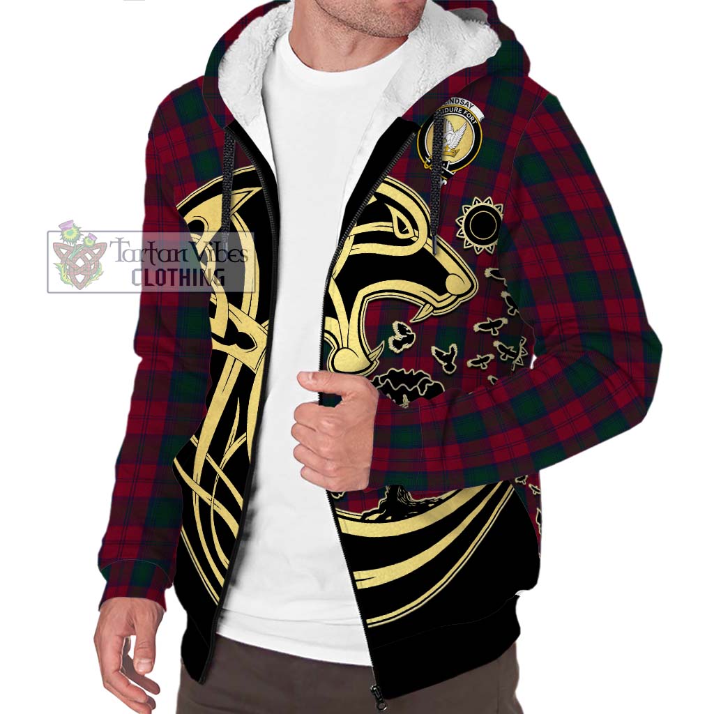 Tartan Vibes Clothing Lindsay Tartan Sherpa Hoodie with Family Crest Celtic Wolf Style