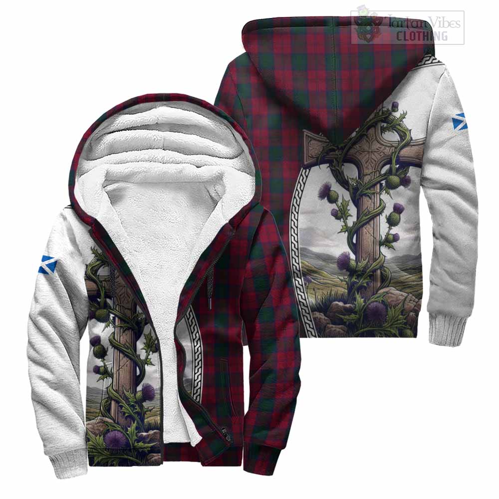 Tartan Vibes Clothing Lindsay Tartan Sherpa Hoodie with Family Crest and St. Andrew's Cross Accented by Thistle Vines