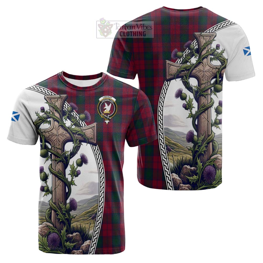 Tartan Vibes Clothing Lindsay Tartan Cotton T-shirt with Family Crest and St. Andrew's Cross Accented by Thistle Vines