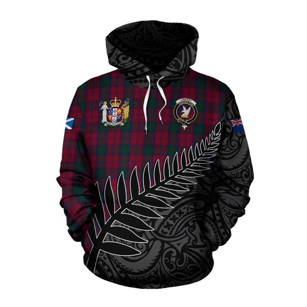 Tartan Vibes Clothing Lindsay Crest Tartan Cotton Hoodie with New Zealand Silver Fern Half Style