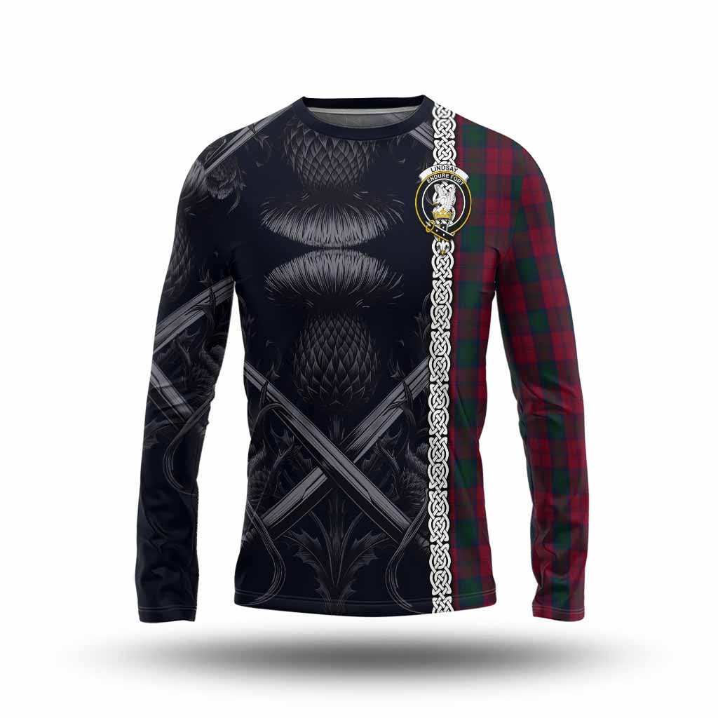 Tartan Vibes Clothing Lindsay Tartan Long Sleeve T-Shirt with Family Crest Cross Sword Thistle Celtic Vibes