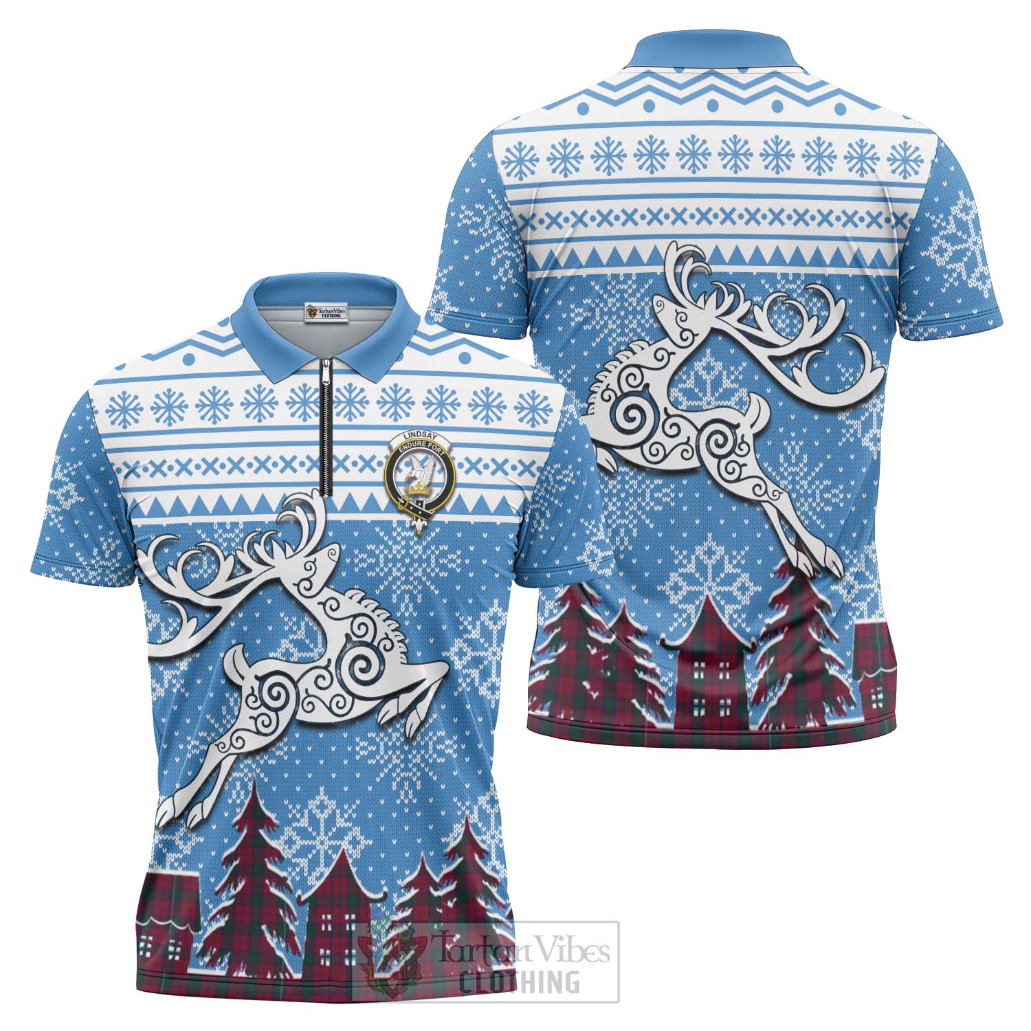 Tartan Vibes Clothing Lindsay Clan Christmas Zipper Polo Shirt Celtic Reindeer Style