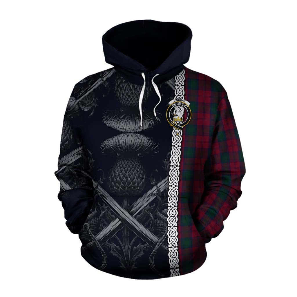 Tartan Vibes Clothing Lindsay Tartan Cotton Hoodie with Family Crest Cross Sword Thistle Celtic Vibes