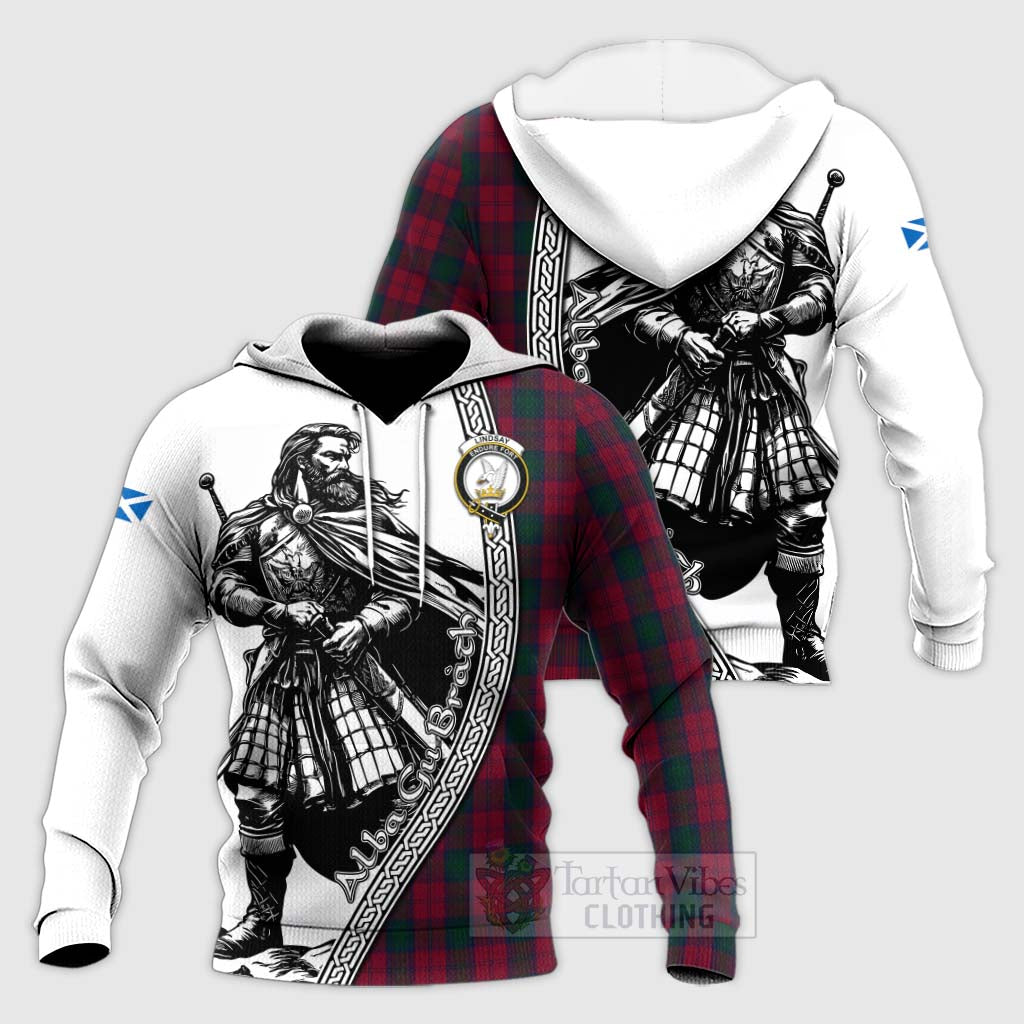 Tartan Vibes Clothing Lindsay Tartan Clan Crest Knitted Hoodie with Highlander Warrior Celtic Style