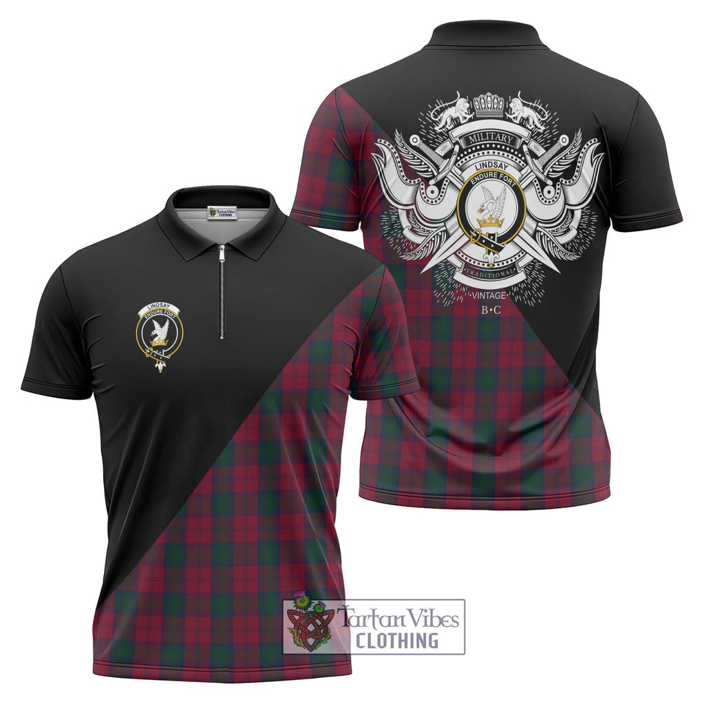 Lindsay Tartan Zipper Polo Shirt with Family Crest and Military Logo Style Unisex - Tartanvibesclothing Shop