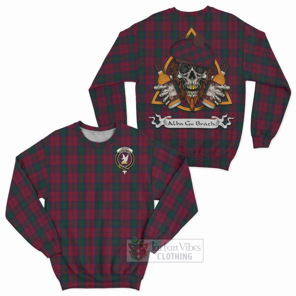 Tartan Vibes Clothing Lindsay Tartan Sweatshirt with Family Crest and Bearded Skull Holding Bottles of Whiskey