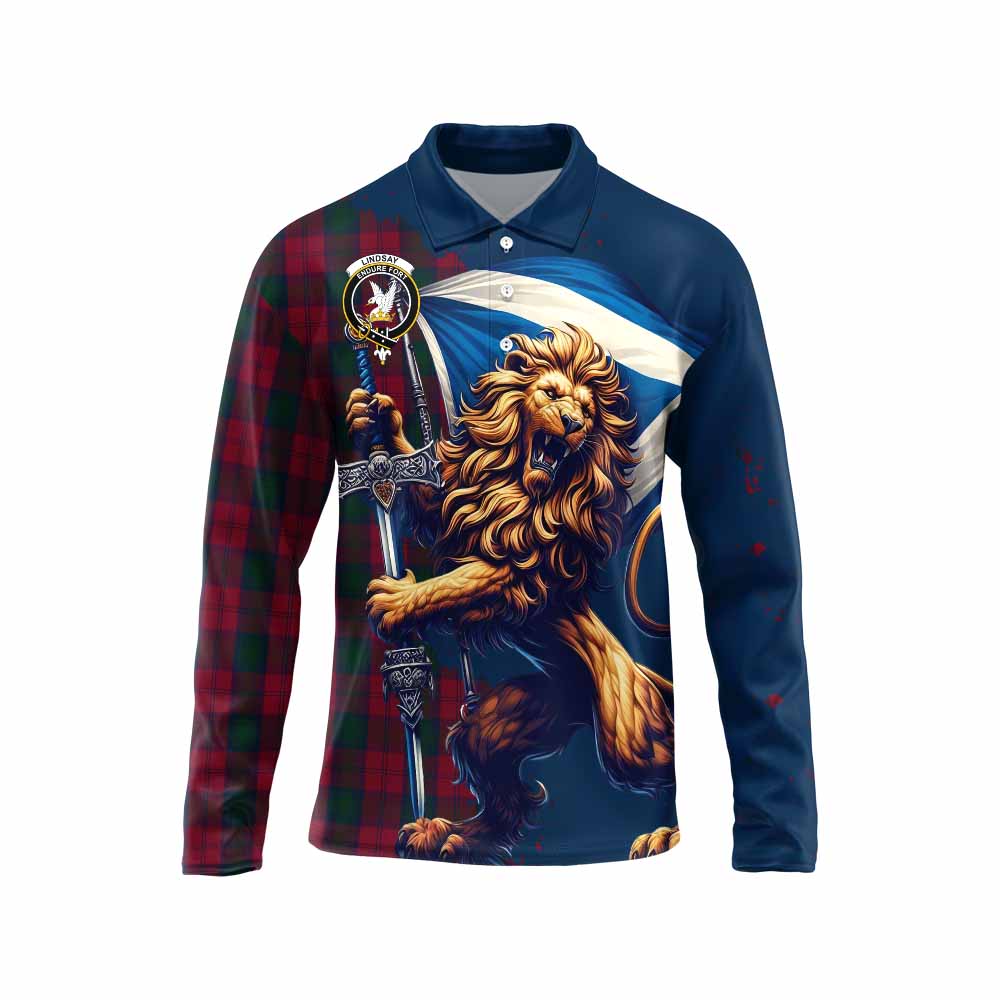 Tartan Vibes Clothing Lindsay Tartan Family Crest Long Sleeve Polo Shirt with Scottish Majestic Lion