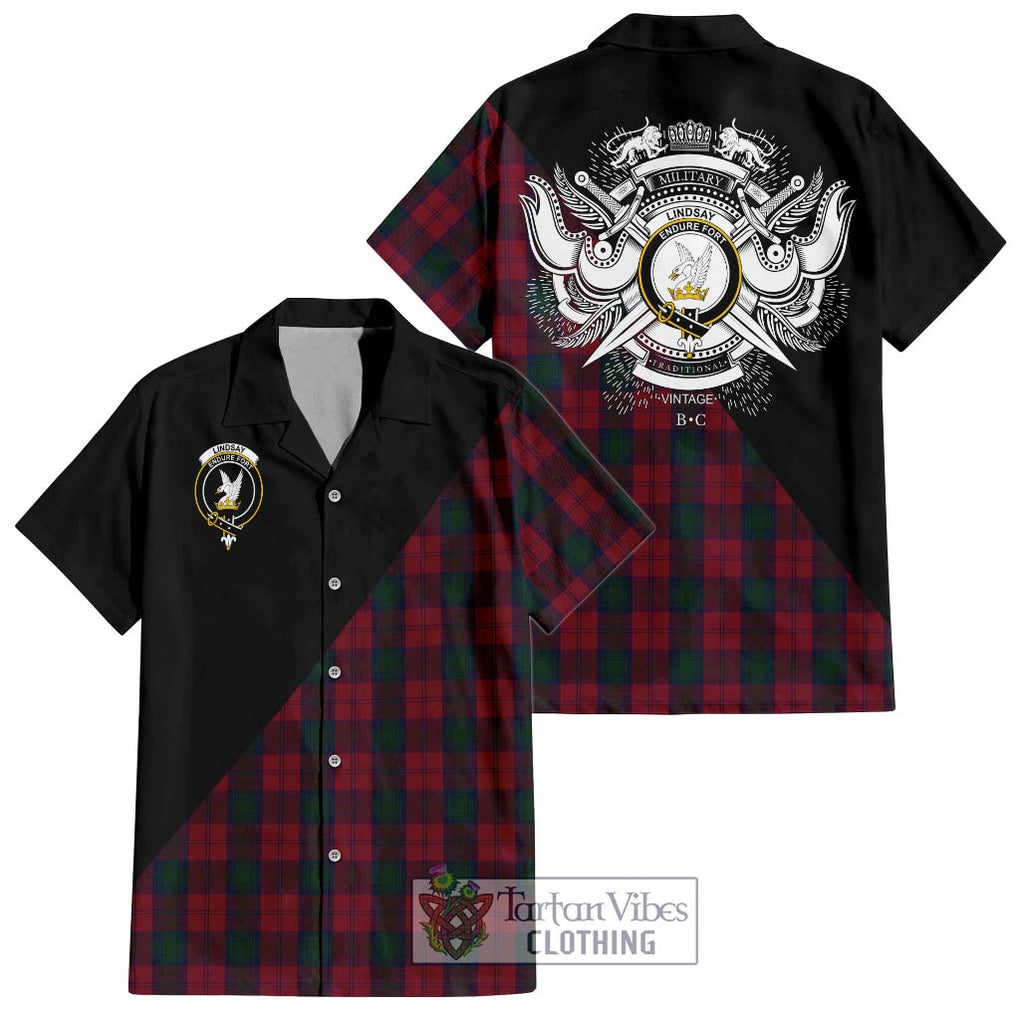 Lindsay Tartan Short Sleeve Button Shirt with Family Crest and Military Logo Style Kid - Tartanvibesclothing Shop