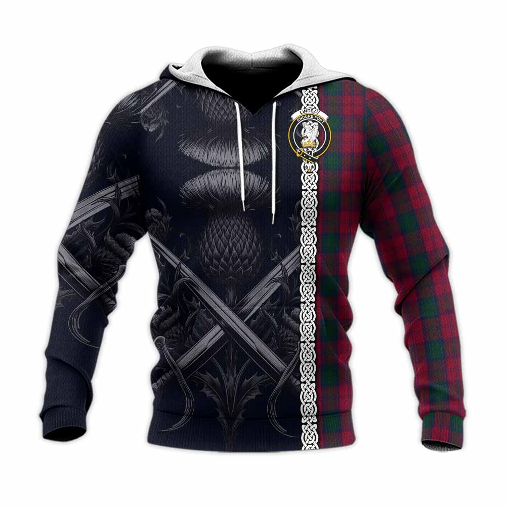 Tartan Vibes Clothing Lindsay Tartan Knitted Hoodie with Family Crest Cross Sword Thistle Celtic Vibes