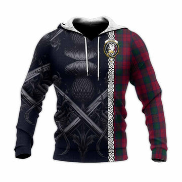 Lindsay Tartan Knitted Hoodie with Family Crest Cross Sword Thistle Celtic Vibes