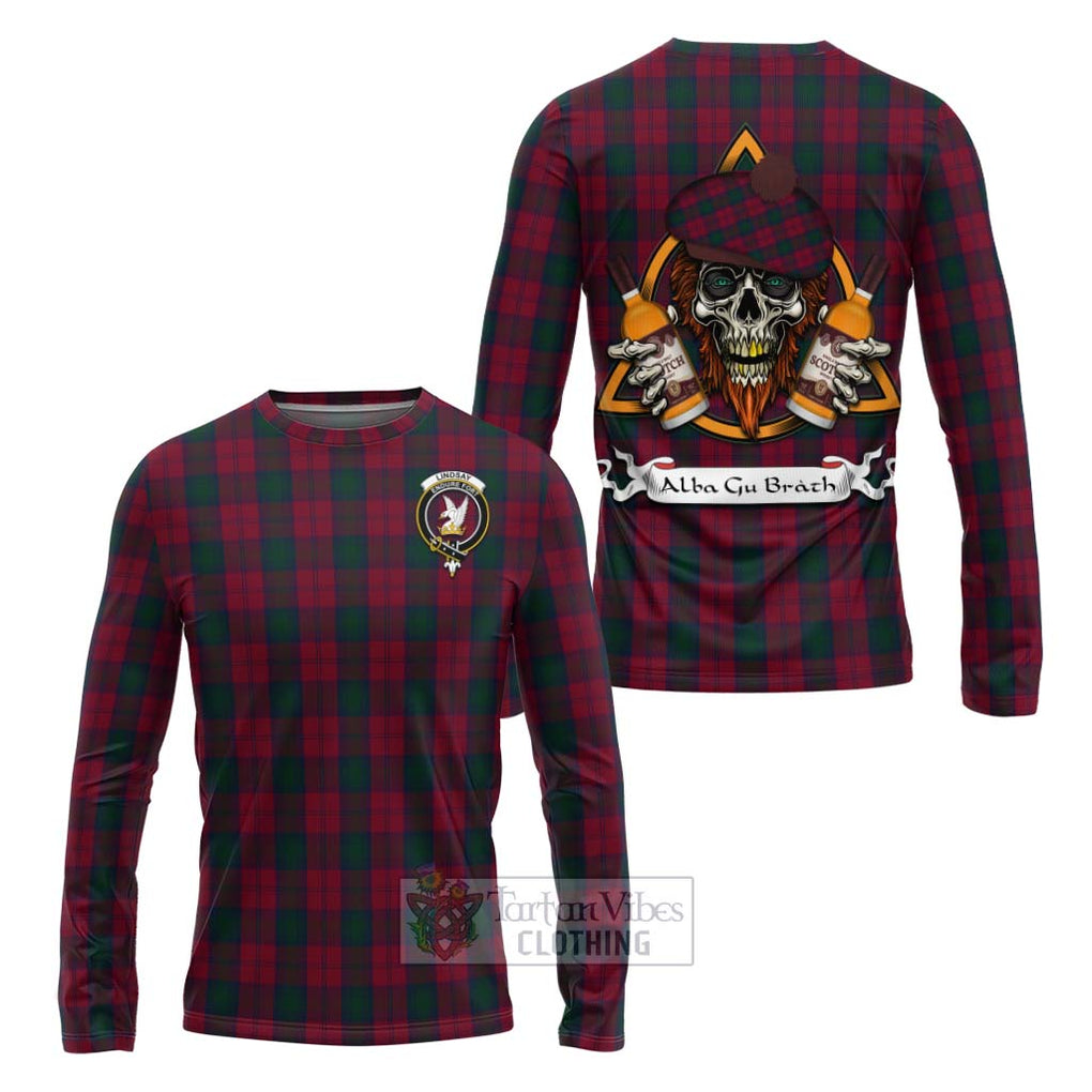 Tartan Vibes Clothing Lindsay Tartan Long Sleeve T-Shirt with Family Crest and Bearded Skull Holding Bottles of Whiskey