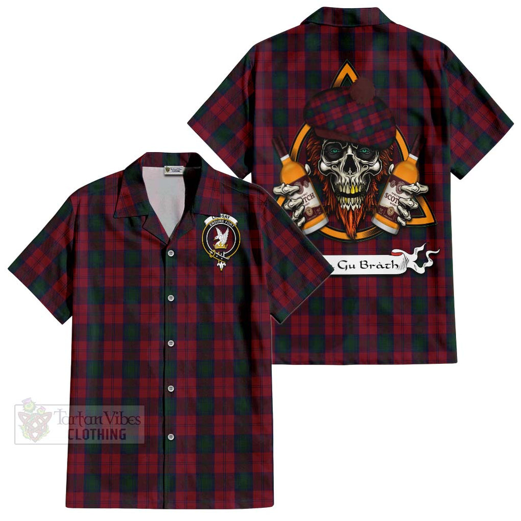 Tartan Vibes Clothing Lindsay Tartan Short Sleeve Button Shirt with Family Crest and Bearded Skull Holding Bottles of Whiskey