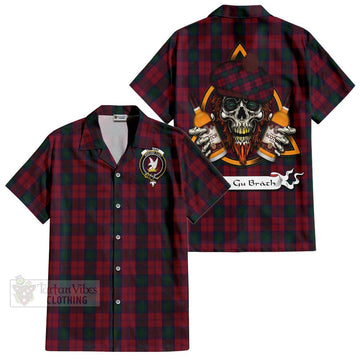 Lindsay Tartan Short Sleeve Button Shirt with Family Crest and Bearded Skull Holding Bottles of Whiskey