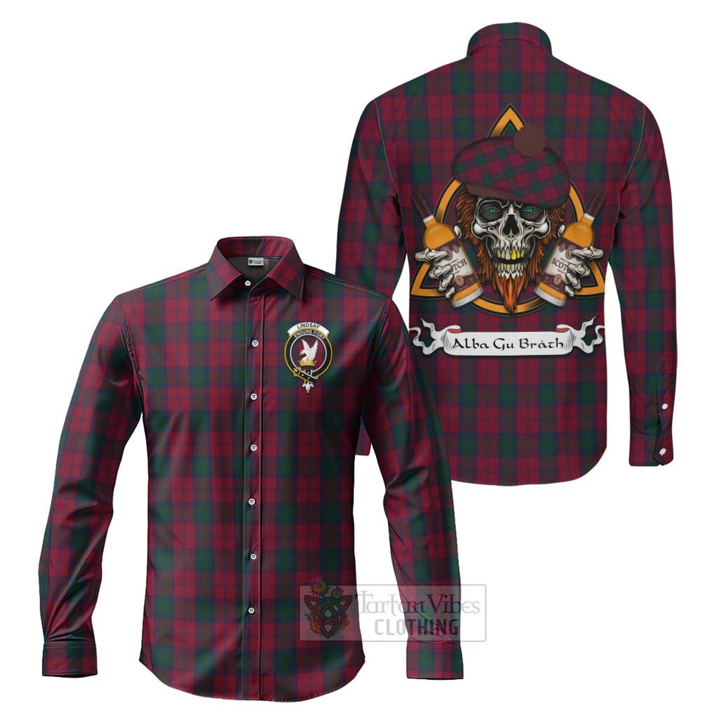 Tartan Vibes Clothing Lindsay Tartan Long Sleeve Button Shirt with Family Crest and Bearded Skull Holding Bottles of Whiskey