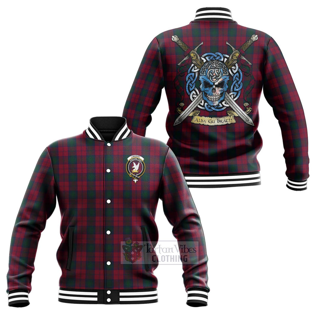 Tartan Vibes Clothing Lindsay Tartan Baseball Jacket with Family Crest Celtic Skull Style