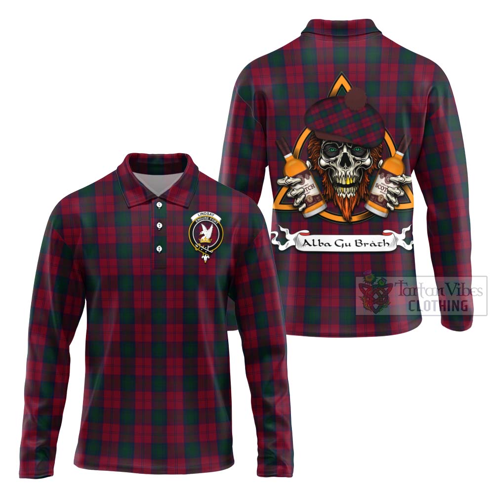 Tartan Vibes Clothing Lindsay Tartan Long Sleeve Polo Shirt with Family Crest and Bearded Skull Holding Bottles of Whiskey