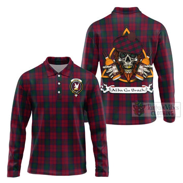 Lindsay Tartan Long Sleeve Polo Shirt with Family Crest and Bearded Skull Holding Bottles of Whiskey